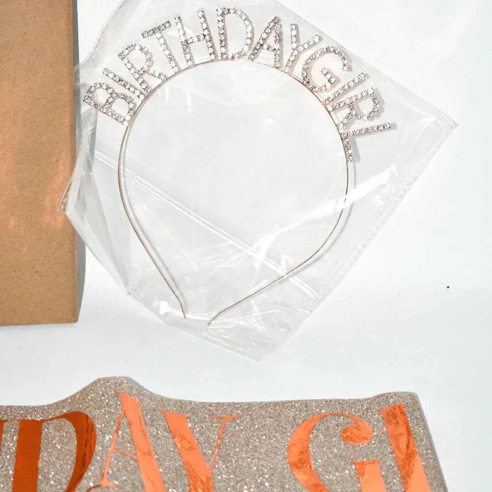 ADBetty Birthday Girl Sash & Rhinestone Headband Set – Rose Gold Glitter, NWT